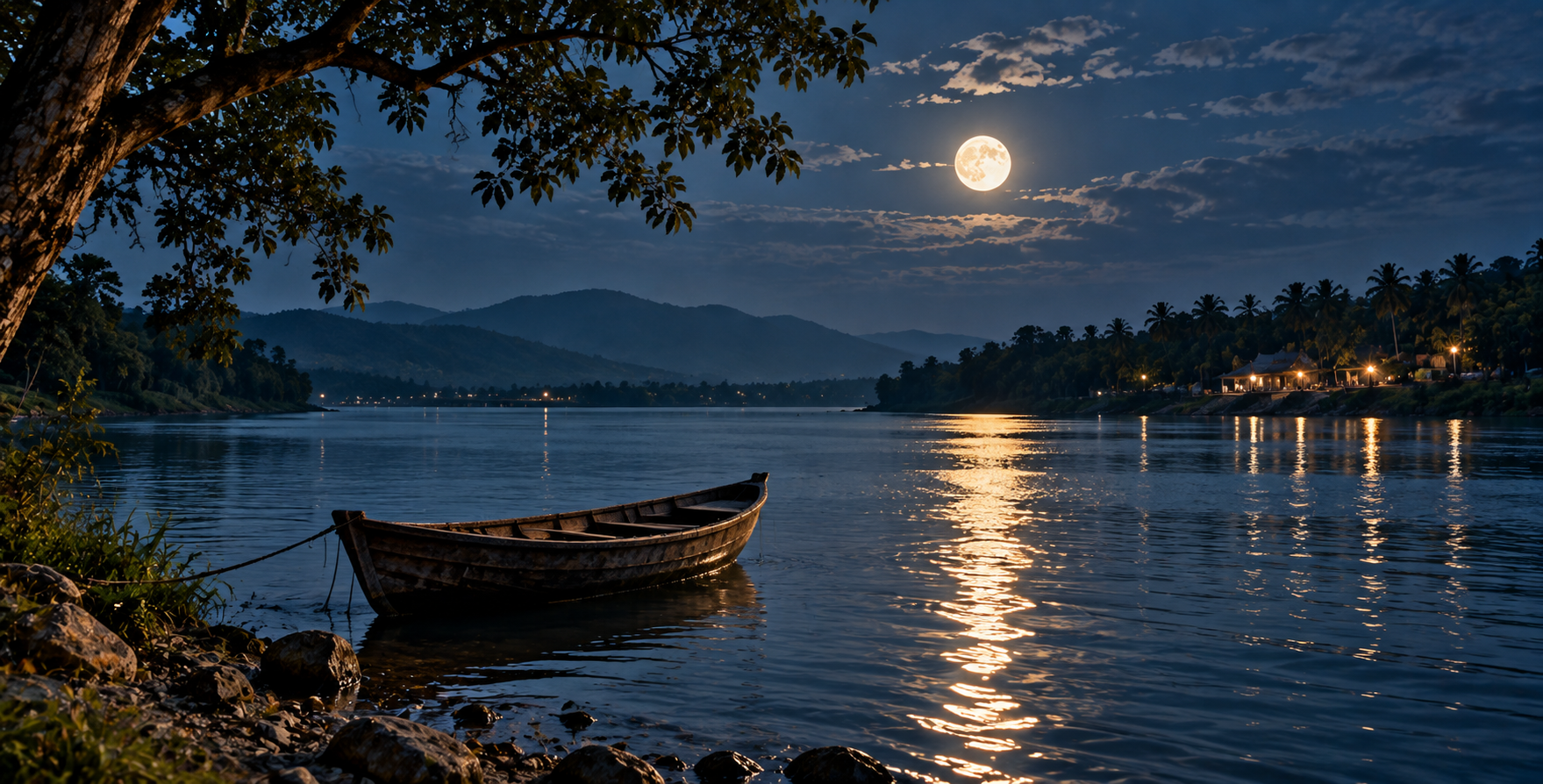 A peaceful river with a boat beneath moonlight.