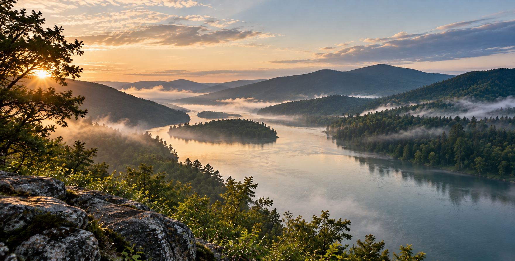A scenic river surrounded by hills and nature.