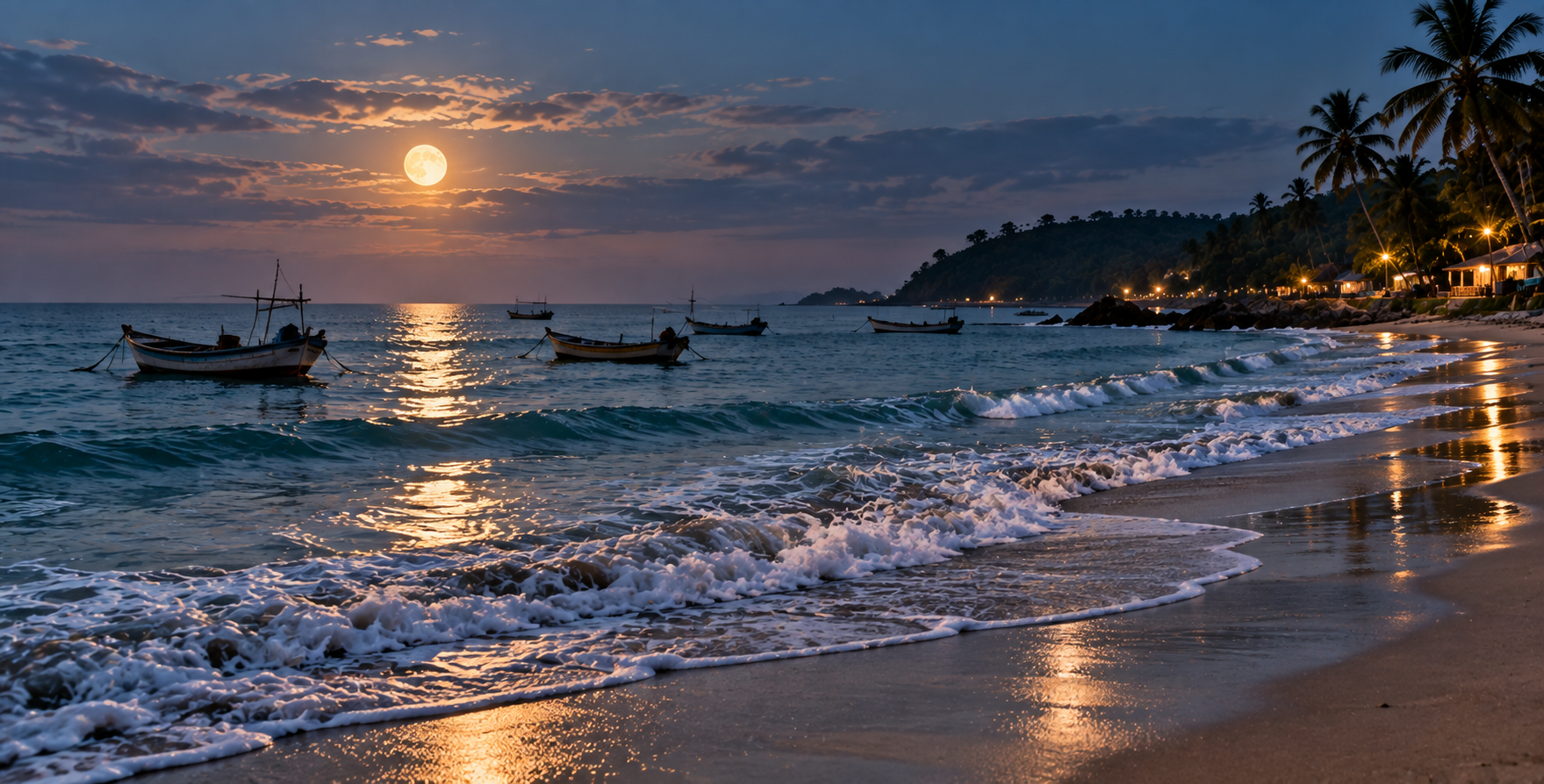 Sea beach with waves and boats.